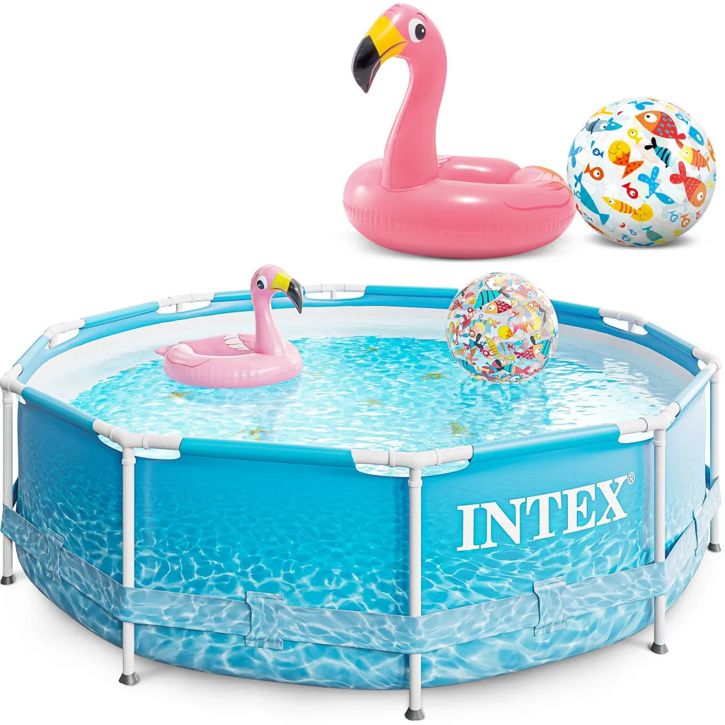 INTEX Metal Frame Swimming Pool 305x76 cm Schwimmbecken Schwimmbad mit Extra-Zubehör wie: Schwimmring und Strandball